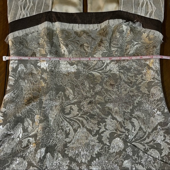 Signette Metallic Gold Floral Brocade Beige Lace Cap Sleeve Empire Waist Dress - Picture 10 of 12